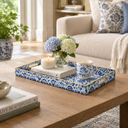 Ramadan Decorative Plastic Serving Tray – Indigo Mirrored Damask full-print plastic serving tray shown in a styled room scene.