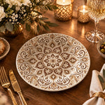 Ramadan Decorative Charger Plate – Brown Cream Scroll Medallion full-print plastic serving tray shown in a styled room scene.