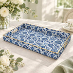 Ramadan Decorative Plastic Serving Tray – Indigo Mirrored Damask full-print plastic serving tray shown in a product view.