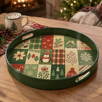 Green Christmas Patchwork Tray with Penguin, Poinsettia and Plaid - MintiHome
