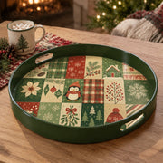 Green Christmas Patchwork Tray with Penguin, Poinsettia and Plaid - MintiHome