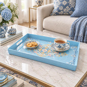 Ramadan & Eid al-Fitr Plastic Serving Tray – Light Blue Floral Scroll plastic serving tray shown in a rectangular styled scene.