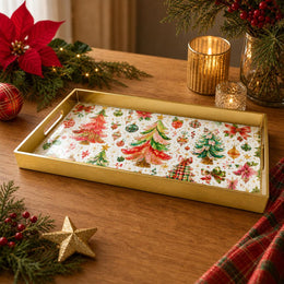 Watercolor Christmas Tree Poinsettia Plastic Serving Tray - MintiHome