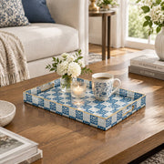Daily Decorative Plastic Serving Tray – Indigo Gingham Sprig full-print plastic serving tray shown in a styled room scene.