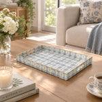 Daily Decorative Plastic Serving Tray – Blue Gingham Sprig full-print plastic serving tray shown in a styled room scene.