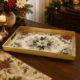 Christmas Gold Filigree Plastic Tray – Poinsettia Holly Holiday - MintiHome