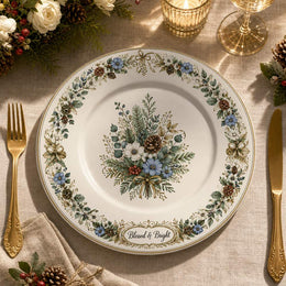 Christmas Plastic Plate – Blessed Calligraphy Blue Floral Border - MintiHome