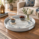 Ramadan & Eid al-Fitr Plastic Serving Tray – Manuscript Calligraphy plastic serving tray shown in a round styled scene.