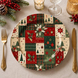 Holly and Tree Patchwork Quilt Christmas Charger Plate for Dinner - MintiHome