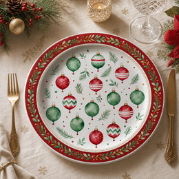 White Christmas Charger Plate – Red Border & Green Ornaments - MintiHome