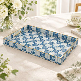 Daily Decorative Plastic Serving Tray – Indigo Gingham Sprig full-print plastic serving tray shown in a product view.