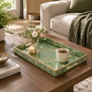 Ramadan Decorative Plastic Serving Tray – Calligraphy Sprig Field full-print plastic serving tray shown in a styled room scene.