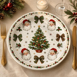 White Christmas Charger Plate with Santa Portraits and Plaid Bows - MintiHome