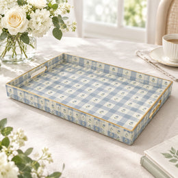 Daily Decorative Plastic Serving Tray – Blue Gingham Sprig full-print plastic serving tray shown in a product view.