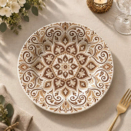 Ramadan Decorative Charger Plate – Brown Cream Scroll Medallion full-print plastic serving tray shown in a product view.