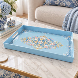 Ramadan & Eid al-Fitr Plastic Serving Tray – Light Blue Floral Scroll plastic serving tray shown in a rectangular product view.