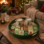 Green Christmas Patchwork Tray with Penguin, Poinsettia and Plaid - MintiHome