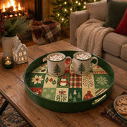 Green Christmas Patchwork Tray with Penguin, Poinsettia and Plaid - MintiHome
