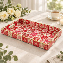 Christmas Decorative Plastic Serving Tray – Scarlet Snowflake Check full-print plastic serving tray shown in a product view.