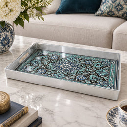 Ramadan & Eid al-Fitr Plastic Serving Tray – Allover Arabesque Vine plastic serving tray shown in a rectangular product view.