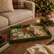 Green Christmas Patchwork Tray with Penguin, Poinsettia and Plaid - MintiHome