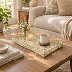 Daily Decorative Plastic Serving Tray – Daisy Gingham Meadow full-print plastic serving tray shown in a styled room scene.