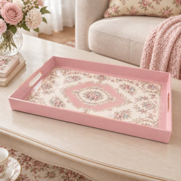 Ramadan & Eid al-Fitr Plastic Serving Tray – Pink Rose Medallion plastic serving tray shown in a rectangular product view.