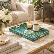 Ramadan Decorative Plastic Serving Tray – Calligraphy Quatrefoil Disc full-print plastic serving tray shown in a styled room scene.