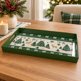 Christmas Decorative Serving Tray – Jacquard Reindeer Forest plastic serving tray shown in a rectangular product view.