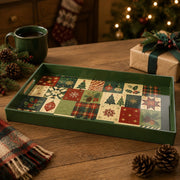 Green Christmas Patchwork Tray with Tree, Ornaments and Plaid - MintiHome