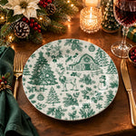 Christmas Decorative Charger Plate – Green Barn Reindeer full-print plastic serving tray shown in a styled room scene.