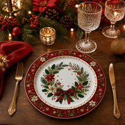 Red Poinsettia Holly Wreath Christmas Charger Plate with Bow - MintiHome