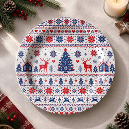 Christmas Decorative Charger Plate – Red Navy Christmas Tree full-print plastic serving tray shown in a product view.