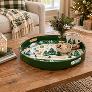 Christmas Decorative Serving Tray – Jacquard Reindeer Forest plastic serving tray shown in a round styled scene.