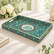Ramadan Decorative Plastic Serving Tray – Calligraphy Quatrefoil Disc full-print plastic serving tray shown in a product view.