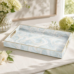 New Year Abstract Plastic Tray – Soft Blue Gold Swirl - MintiHome