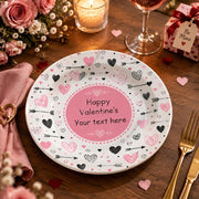 Valentine's Day Decorative Charger Plate – Arrow Heart Medallion full-print plastic serving tray shown in a styled room scene.