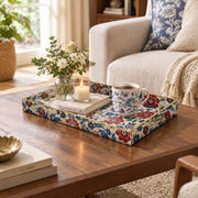 Ramadan Decorative Plastic Serving Tray – Crimson Persian Herb Bloom full-print plastic serving tray shown in a styled room scene.