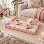 Ramadan & Eid al-Fitr Plastic Serving Tray – Pink Rose Medallion plastic serving tray shown in a rectangular styled scene.