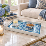 Ramadan & Eid al-Fitr Plastic Serving Tray – Blue Mosaic Mandala plastic serving tray shown in a rectangular styled scene.