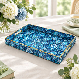 Ramadan Decorative Plastic Serving Tray – Indigo Paisley Medallion full-print plastic serving tray shown in a product view.