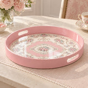 Ramadan & Eid al-Fitr Plastic Serving Tray – Pink Rose Medallion plastic serving tray shown in a round product view.
