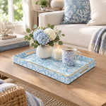 Ocean Decorative Plastic Serving Tray – White Shell Silhouettes full-print plastic serving tray shown in a styled room scene.