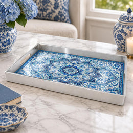 Ramadan & Eid al-Fitr Plastic Serving Tray – Blue Mosaic Mandala plastic serving tray shown in a rectangular product view.