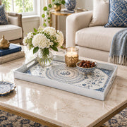 Ramadan & Eid al-Fitr Plastic Serving Tray – Calligraphy Rosette Rings plastic serving tray shown in a rectangular styled scene.