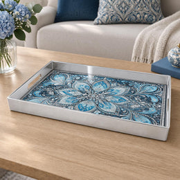 Ramadan & Eid al-Fitr Plastic Serving Tray – Indigo Paisley Mandala plastic serving tray shown in a rectangular product view.