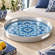 Ramadan & Eid al-Fitr Plastic Serving Tray – Blue Mosaic Mandala plastic serving tray shown in a round product view.