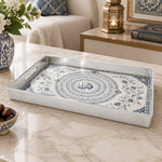Ramadan & Eid al-Fitr Plastic Serving Tray – Calligraphy Rosette Rings plastic serving tray shown in a rectangular product view.