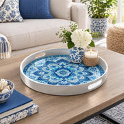 Ramadan & Eid al-Fitr Plastic Serving Tray – Blue Mosaic Mandala plastic serving tray shown in a round styled scene.