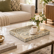 Ramadan Decorative Plastic Serving Tray – Ivory Bloom Calligraphy full-print plastic serving tray shown in a styled room scene.